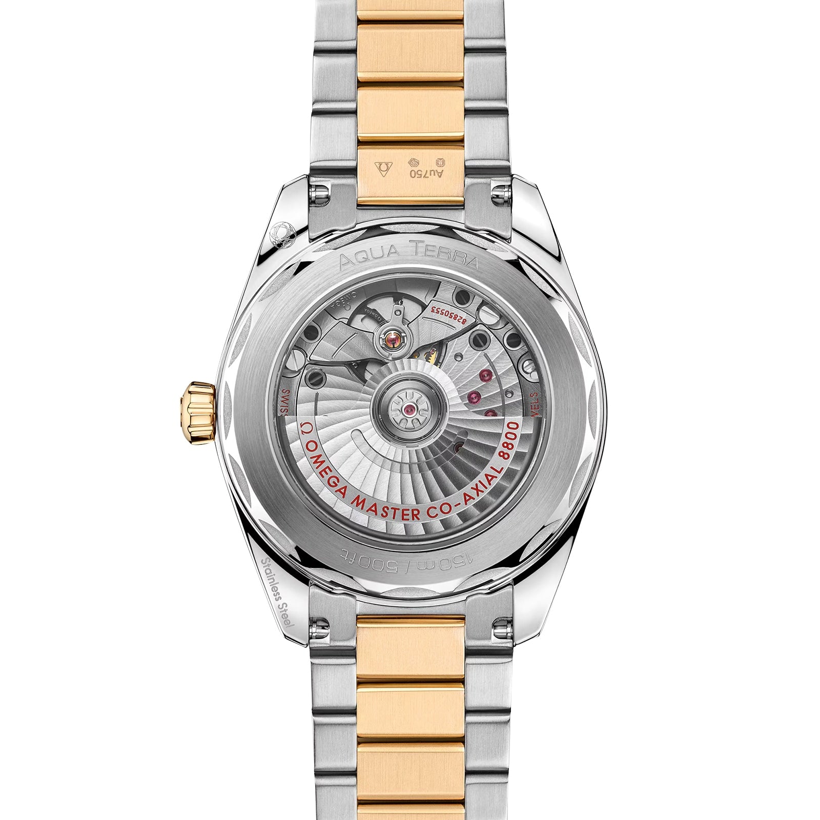 Back view of the OMEGA Seamaster Aqua Terra 150M featuring a stainless steel and gold bracelet, with its automatic movement visible through a transparent case back.