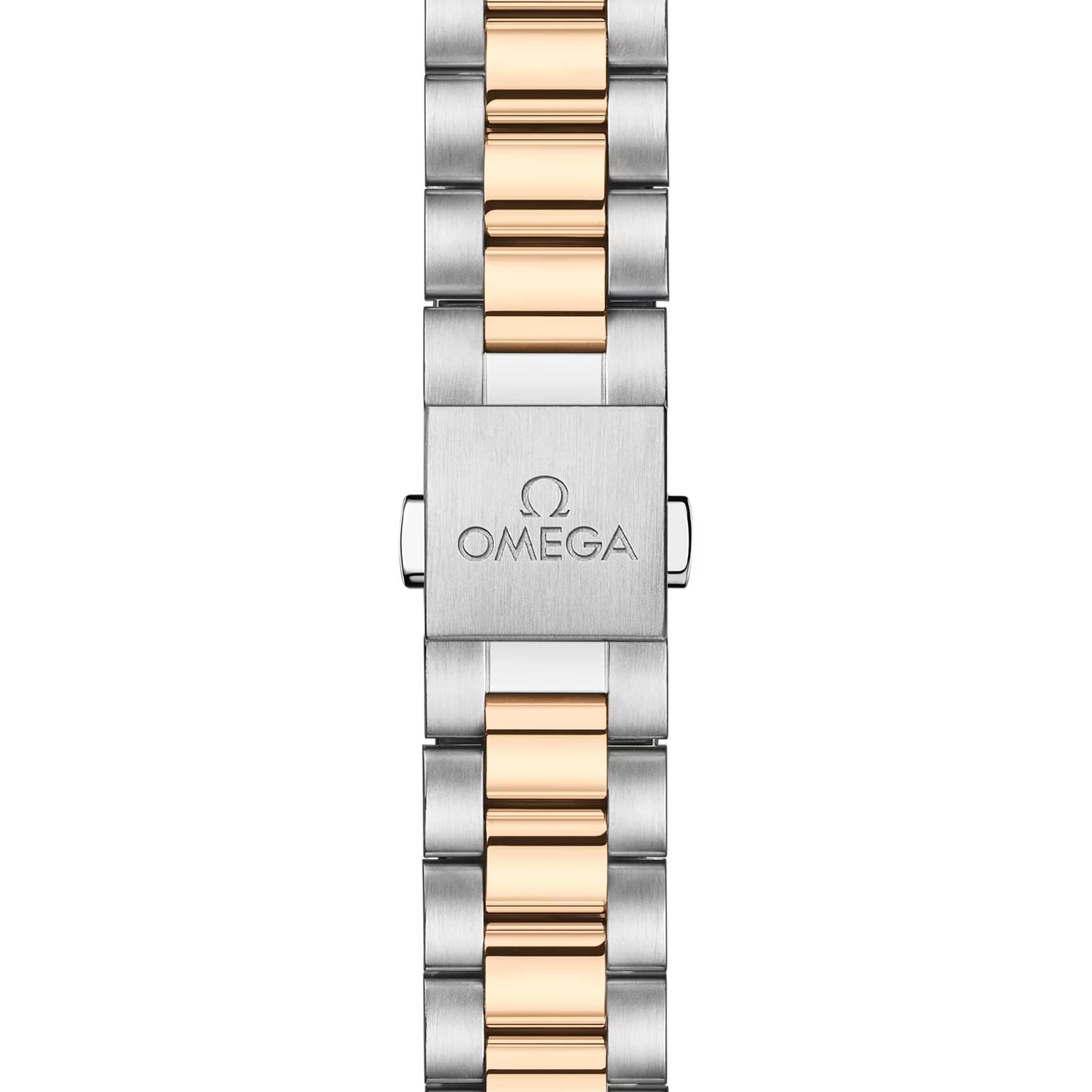 Close-up of the OMEGA Seamaster Aqua Terra 150M bracelet clasp, showing a blend of stainless steel and gold links with the OMEGA logo engraved on the clasp.