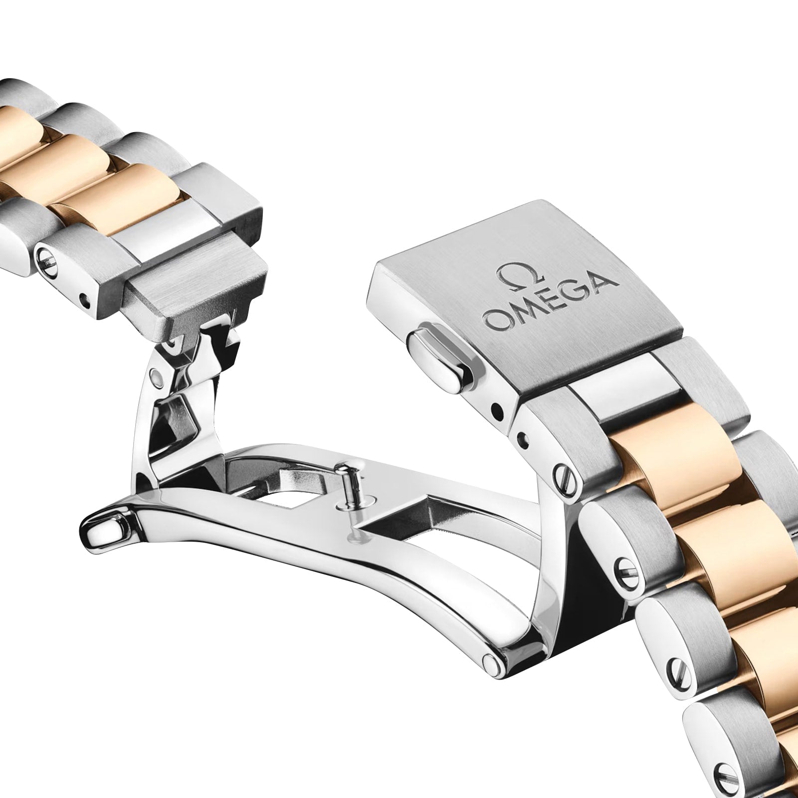 Close-up of the OMEGA Seamaster Aqua Terra 150M bracelet featuring a two-tone metal design, open deployment clasp, and engraved OMEGA logo on the clasp.