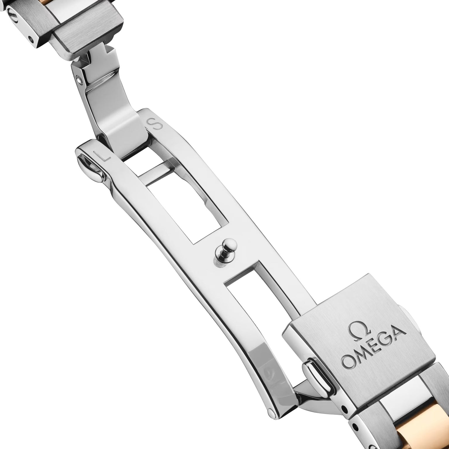 Close-up of a stainless steel clasp on the OMEGA Seamaster Aqua Terra 150M, featuring an engraved logo and push button release.