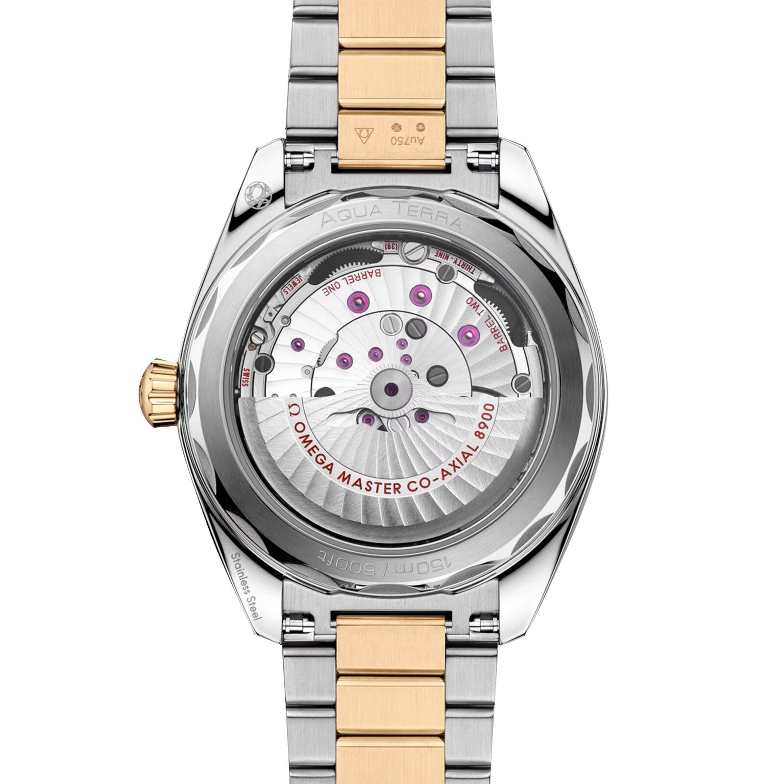 Close-up of the OMEGA Seamaster Aqua Terra 150M case back, showcasing the Co-Axial Master Chronometer calibre 8900 through sapphire crystal and paired with a stainless steel and gold bracelet.