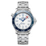 The OMEGA Seamaster Diver Americas Cup 300M is a stainless steel wristwatch with a white dial, blue bezel, silver hour markers, date at 6 o’clock, and a metal bracelet inspired by America’s Cup sailing.