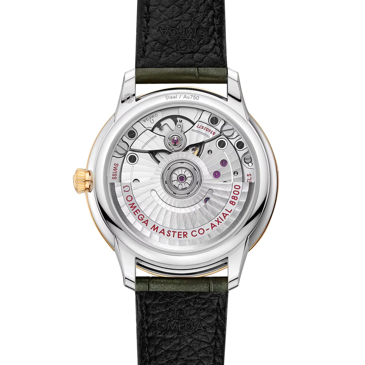 The OMEGA De Ville Prestige features a striking 18K yellow gold and steel case, an exposed Master Chronometer movement engraved with Omega Master Co-Axial 8800, and a black leather strap.