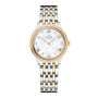 The OMEGA De Ville Prestige features a two-tone gold and silver bracelet, diamond hour markers, a mother-of-pearl dial, and a diamond-set gold bezel.
