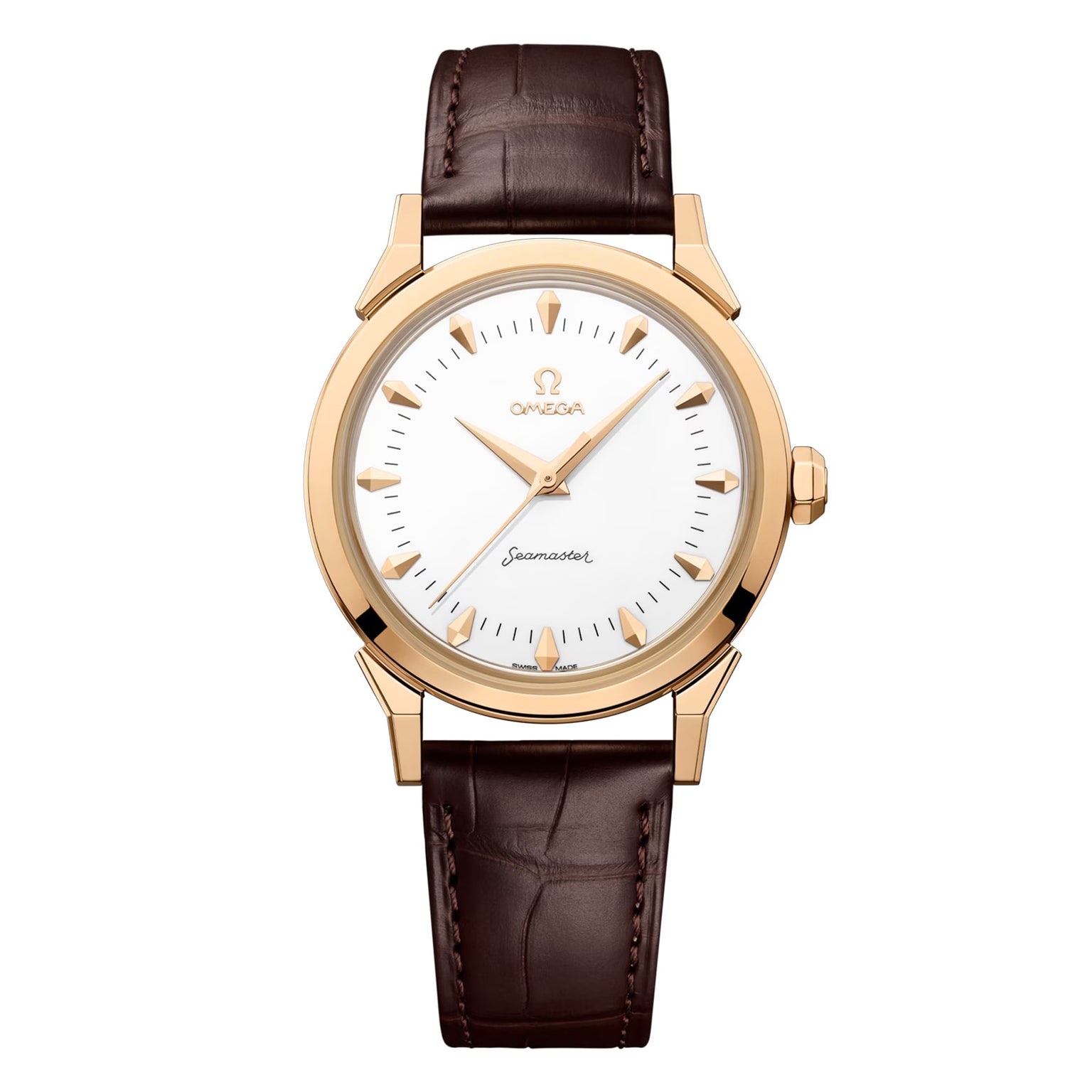 A gold OMEGA Seamaster Moonshine wristwatch with a white dial, gold hands and indices, and a brown leather strap, displayed on a white background—an elegant tribute to OMEGA’s Milano Cortina 2026 partnership.