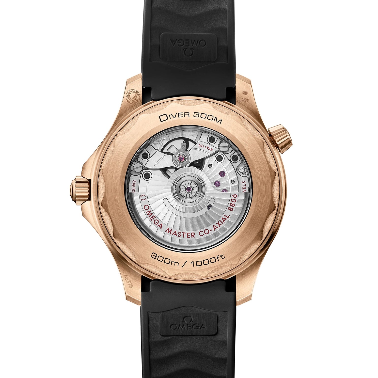 Back view of the OMEGA Seamaster Diver 300M in Bronze Gold, featuring a sapphire caseback that reveals the Master Chronometer movement, gold case, and black rubber strap.