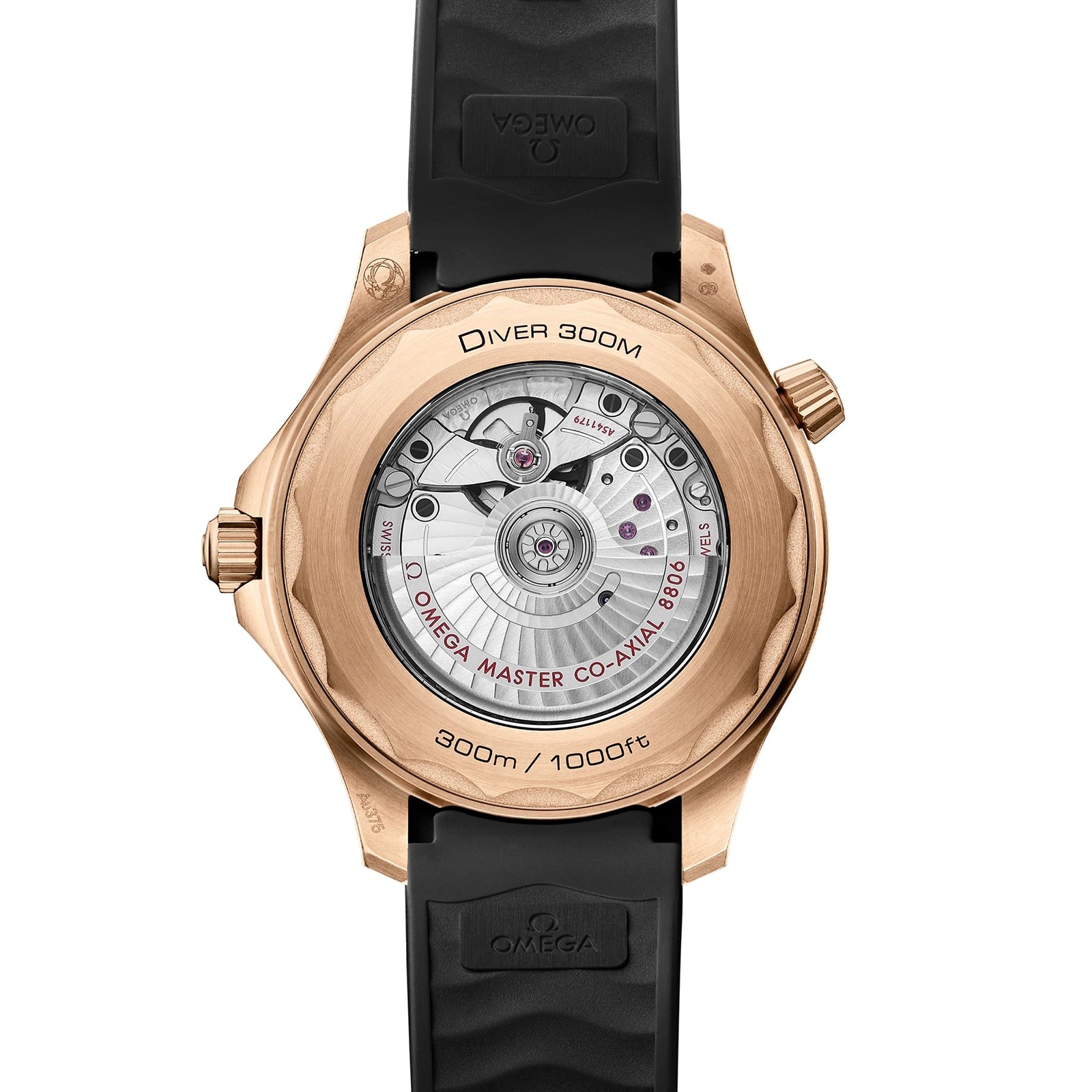 Back view of the OMEGA Seamaster Diver 300M in Bronze Gold, featuring a sapphire caseback that reveals the Master Chronometer movement, gold case, and black rubber strap.
