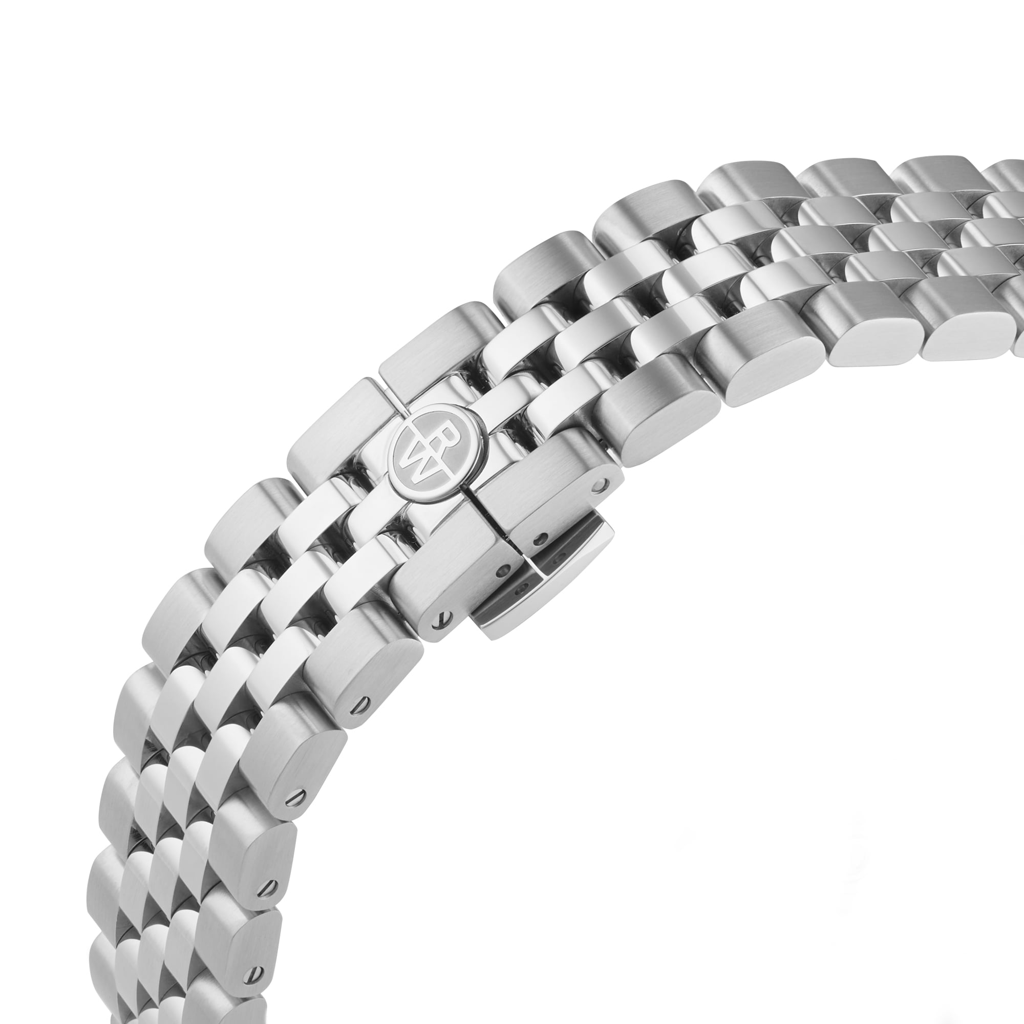 Close-up view of a Raymond Weil stainless steel bracelet with deployment clasp, featuring an engraved logo, crafted for the Freelancer Automatic 60 Diamonds Green Dial with Swiss-made movement.