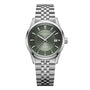 The Raymond Weil Freelancer Automatic features an olive green dial, silver hour markers, date at 3 o’clock, Swiss-made precision, and a silver stainless steel link bracelet.