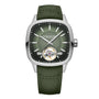 The Raymond Weil Freelancer Calibre RW1212 Automatic features a green dial and leather strap, a silver case, visible tourbillon at 6 o’clock, and a precision Swiss-made automatic movement.