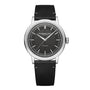The Raymond Weil Millesime Automatic Grey Sector Dial features a black leather strap, stainless steel case, grey sector dial with silver markers, sapphire crystal, and displays the time 10:10.