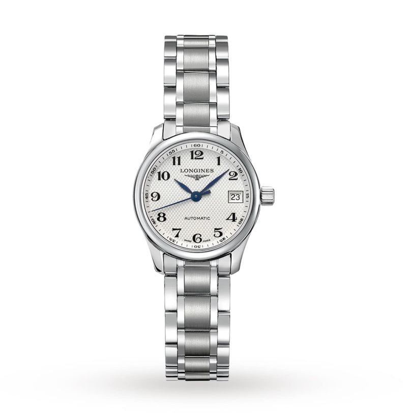 The Longines Master Collection features a stainless steel case, silver dial, blue hands, black Arabic numerals, date at 3 o’clock, L592 calibre movement, and a matching steel bracelet.
