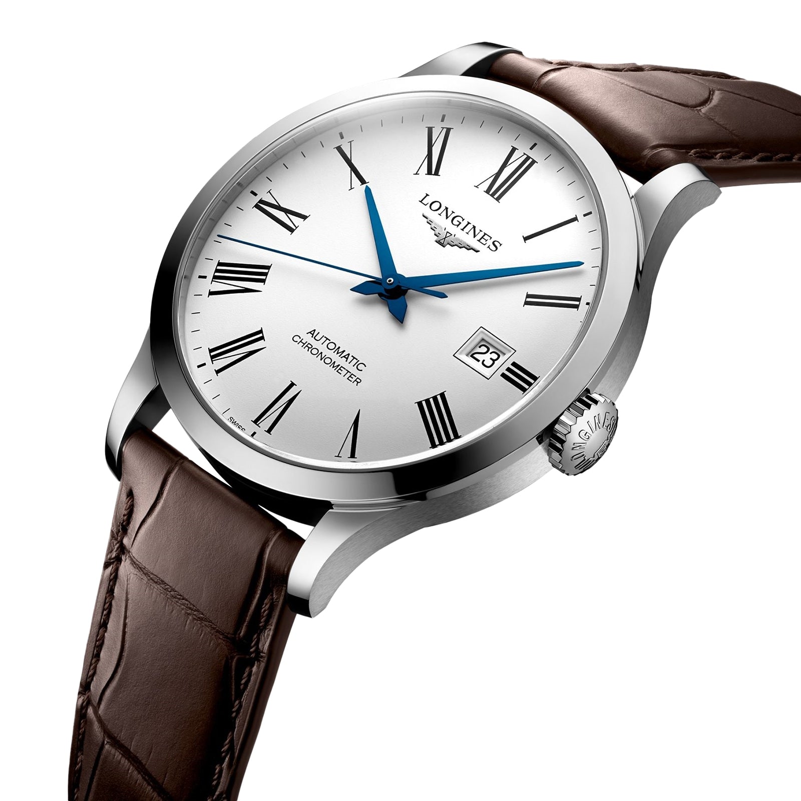 The Longines Record features a silver case, white dial with black Roman numerals, blue hands, date at 3 o’clock, brown leather strap, “Automatic Chronometer” inscription, and a silicon balance spring.