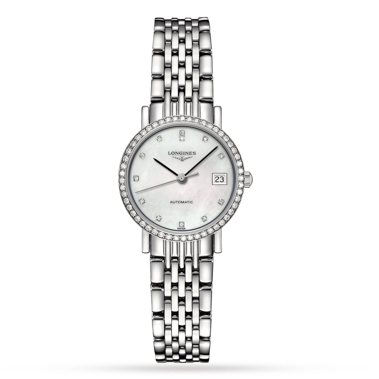 The Longines Elegant Collection wristwatch features a silver case, round white dial, diamond indexes, automatic movement, date display at 3 o’clock, and a metal link bracelet.
