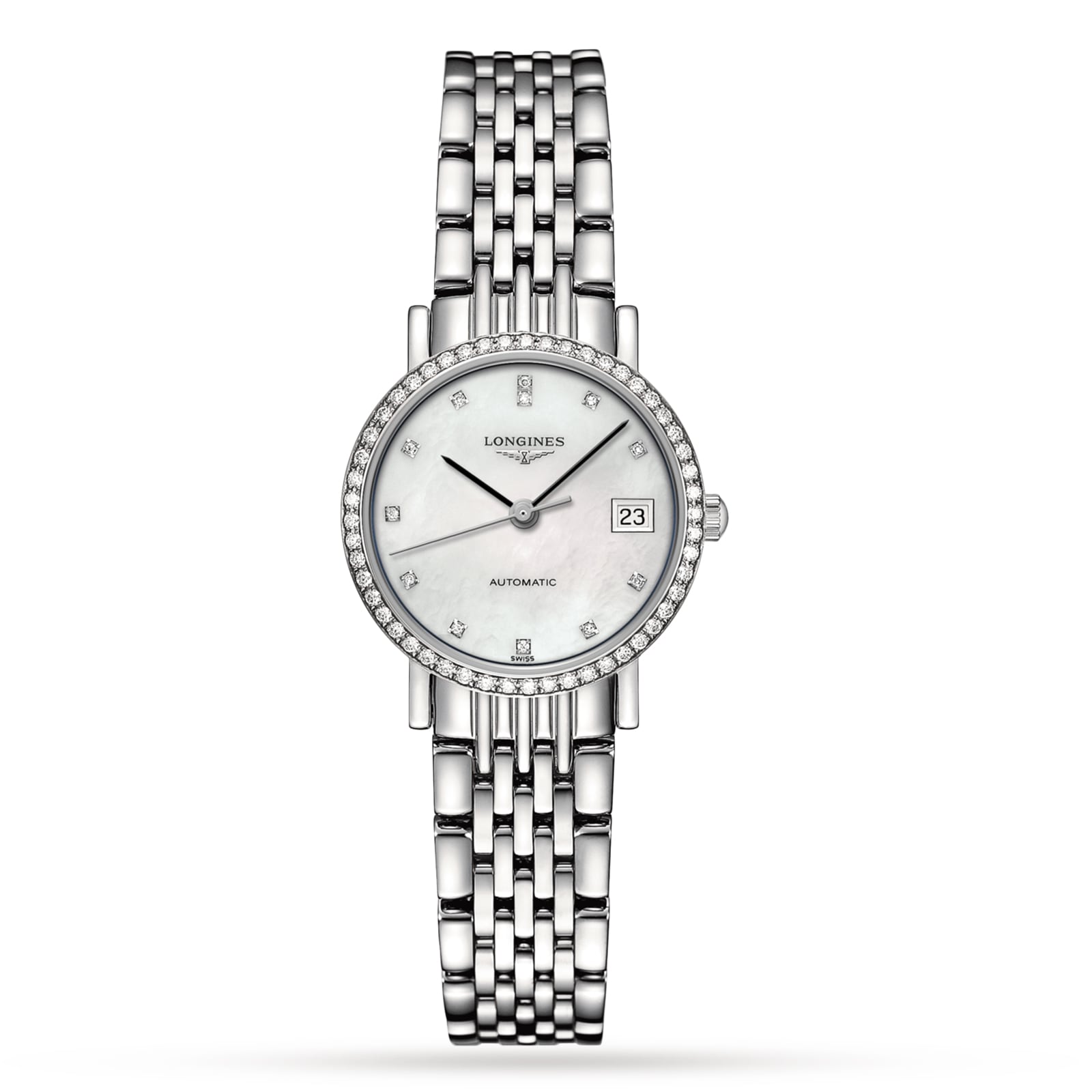The Longines Elegant Collection wristwatch features a silver case, round white dial, diamond indexes, automatic movement, date display at 3 o’clock, and a metal link bracelet.