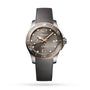 A Longines HydroConquest automatic watch with a grey dial, rose gold bezel, Swiss Super-LumiNova hands, date display, and textured grey strap is displayed against a white background.