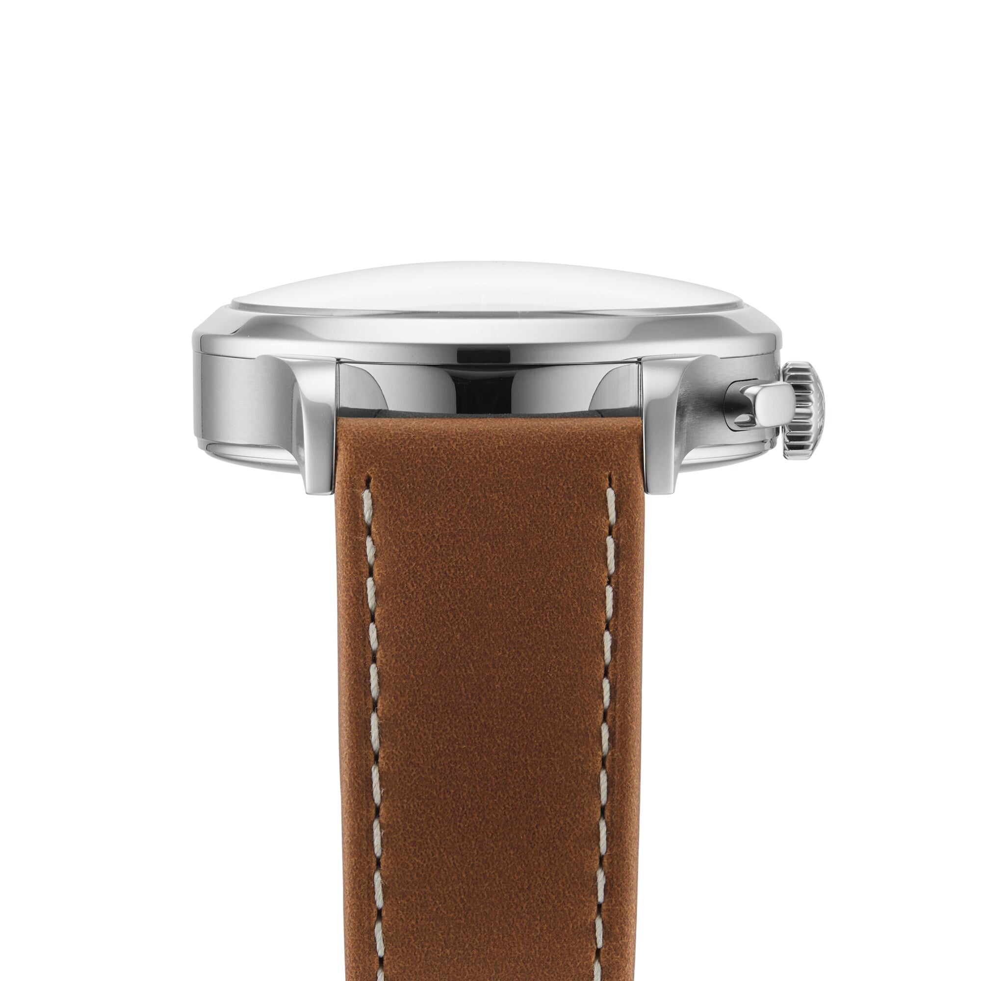 Side view of the Longines Record Chronograph wristwatch with a stainless steel case, domed glass, and a brown leather strap with white stitching and automatic movement.