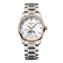 The Longines Master Collection Moonphase features a mother-of-pearl dial, diamond hour markers, date display, moon phase subdial, and a two-tone silver and rose gold bracelet.