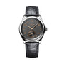 The Longines Master Collection luxury wristwatch features an anthracite dial, gold hour markers, a small seconds subdial, and a black leather strap, displayed on a white background.