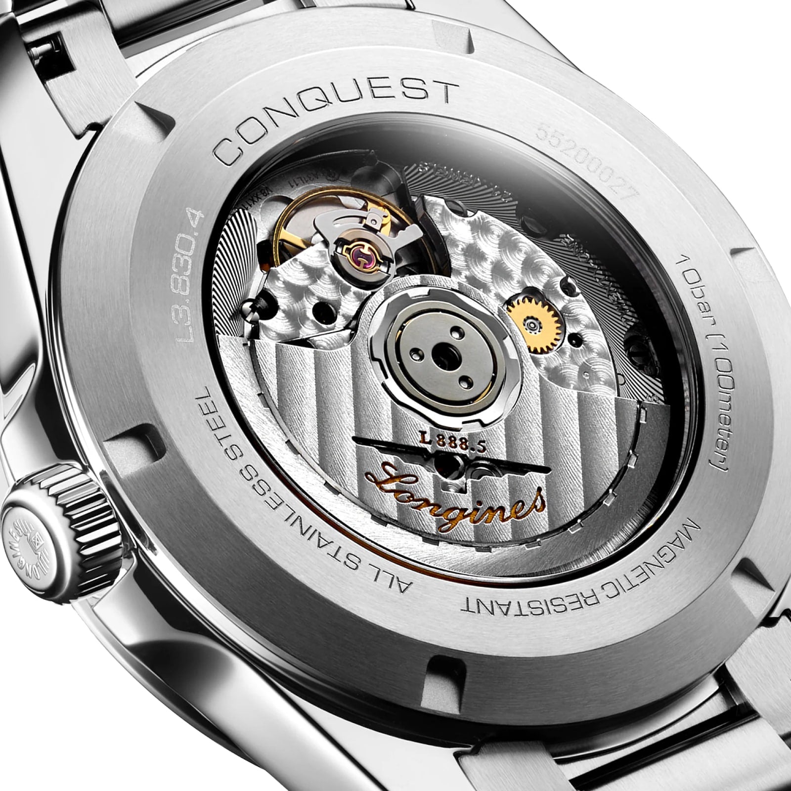 Close-up of the Longines Conquest watchs back, showcasing its exposed automatic movement and engraved markings on the stainless steel case.