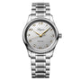 The Longines Master Collection features a silver wristwatch with a metal link band, white dial, gold Arabic numerals, three hands, and automatic movement for exceptional accuracy.