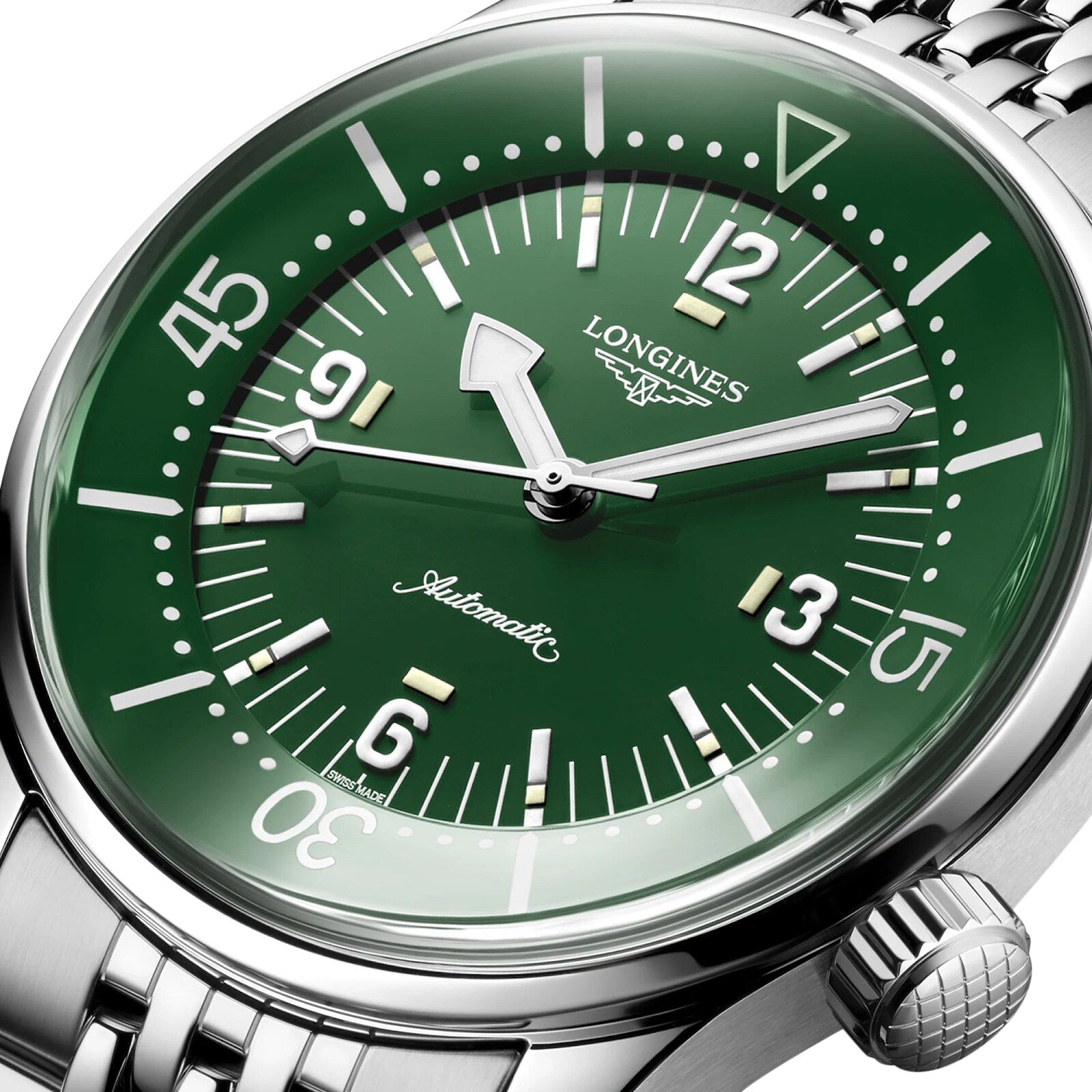 Close-up of the Longines Legend Diver automatic wristwatch, featuring a green dial with white numerals and a stainless steel bracelet—an elegant fusion of style and performance.