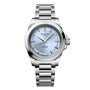The Longines Conquest features a stainless steel case, light blue dial, silver hour markers, automatic movement, and a date display at 6 o’clock.