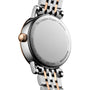Close-up of the back of a Longines Elegant Collection Moonphase watch, featuring a stainless steel case, two-tone bracelet, and engraved details—a refined timepiece that unites timeless design with the beauty of Longines craftsmanship.
