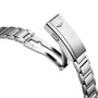 Close-up of a Longines Hydroconquest stainless steel bracelet with deployment clasp, partially open to show the hinge mechanism and engraved logo—emphasizing detailed craftsmanship and the watch’s exceptional water resistance.