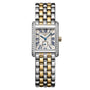 The Longines Mini DolceVita features a two-tone rectangular case, silver and gold link bracelet, Roman numeral dial, diamond-set bezel, and small seconds subdial for a look of refined elegance.