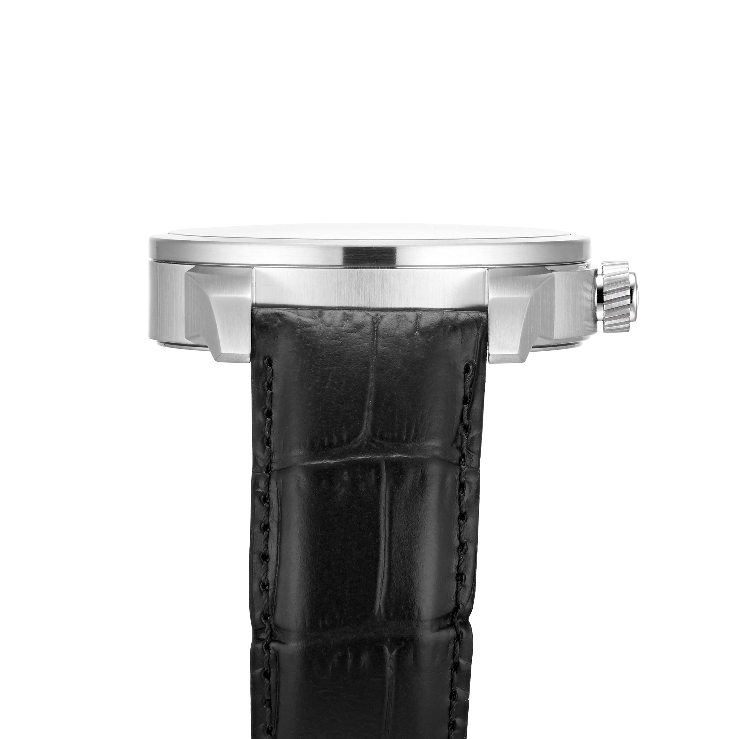 Side view of the Tissot T-Complication Squelette Mechanical wristwatch, featuring a black leather strap and silver case, set against a white background.