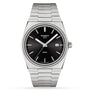 The Tissot PRX is a stainless steel wristwatch featuring a black dial, silver hour markers, Swiss quartz movement, and a date display at 3 o’clock.
