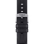 Top view of the Tissot Seastar 1000 Chronograph black watch strap with silver buckle and visible adjustment holes.