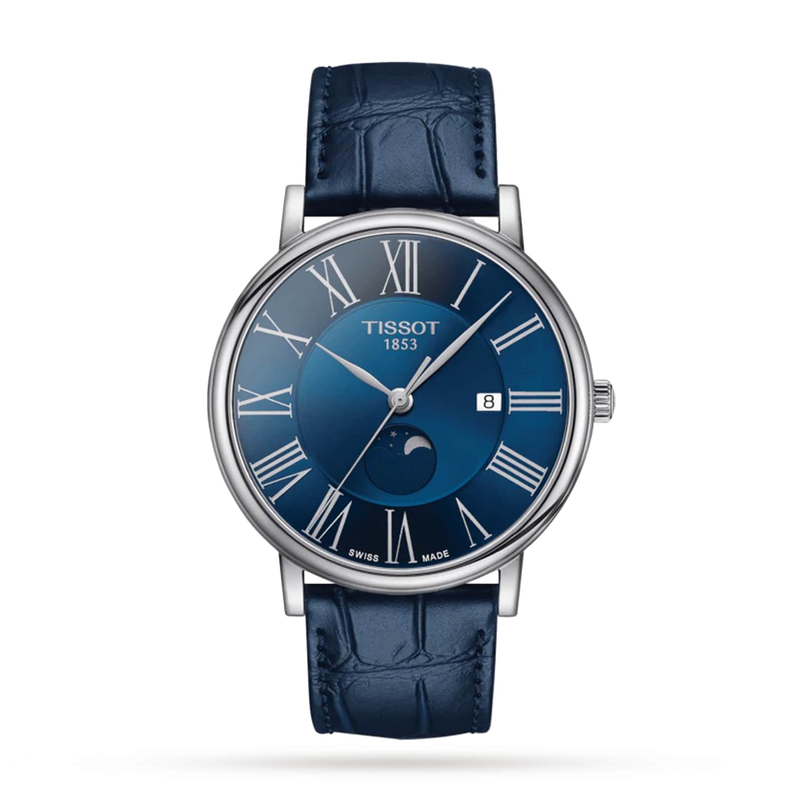 The Tissot Carson Premium Moonphase features a blue leather strap, blue dial, silver Roman numerals, date window, subdial, and Swiss-made quartz EOL movement, shown against a white background.