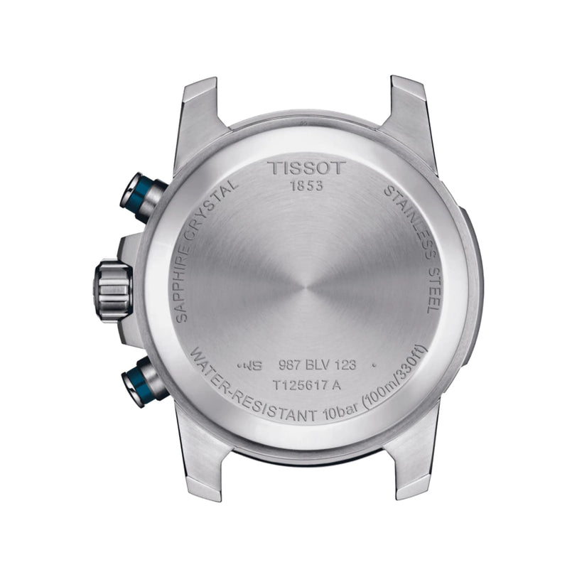 Back view of the Tissot Supersport Chrono, showcasing engraved water resistance, model number, and material details on the stainless steel case with precise Swiss quartz movement.