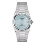 The Tissot PRX Powermatic 80 is a stainless steel watch with a textured ice blue dial, date at 3 oclock, and silver hour markers.