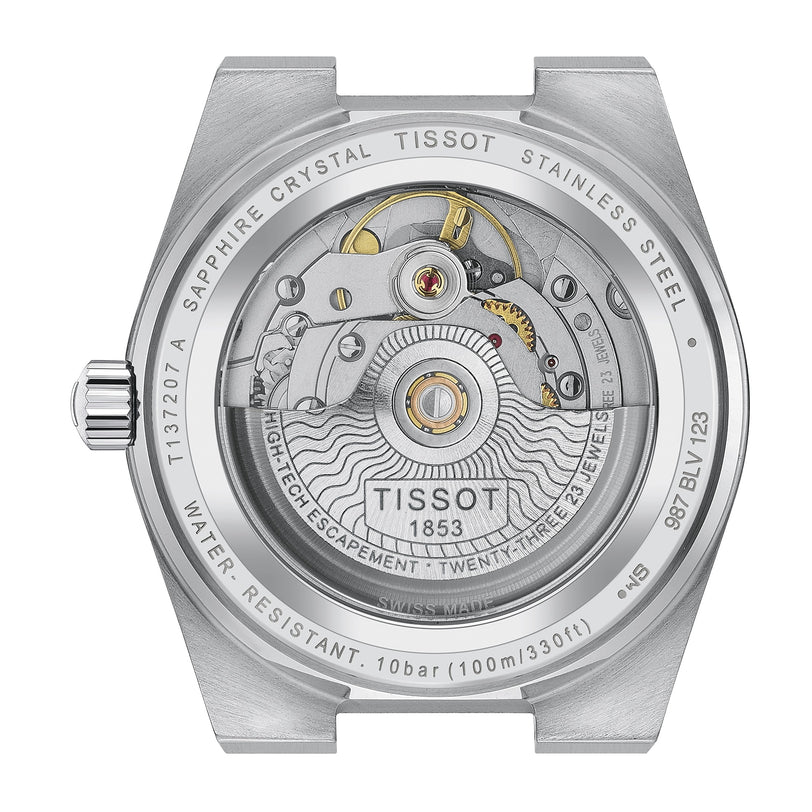 Close-up of the transparent case back on the Tissot PRX Powermatic 80, revealing its mechanical movement and engraved stainless steel rim.