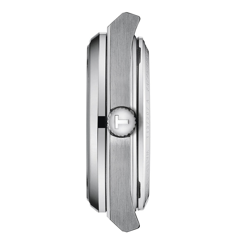 Side view of the silver Tissot PRX Powermatic 80 case featuring a brushed metal finish, logo-engraved crown, and raised bezel, accentuating the green dials elegance against a white background.