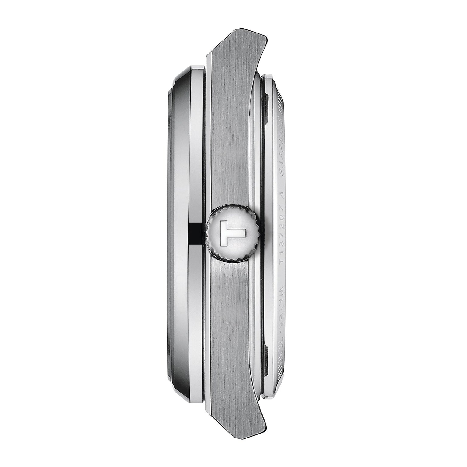 Profile view of a silver Tissot PRX Powermatic 80 wristwatch case with a brushed metal finish and a crown featuring the signature T-shaped logo.