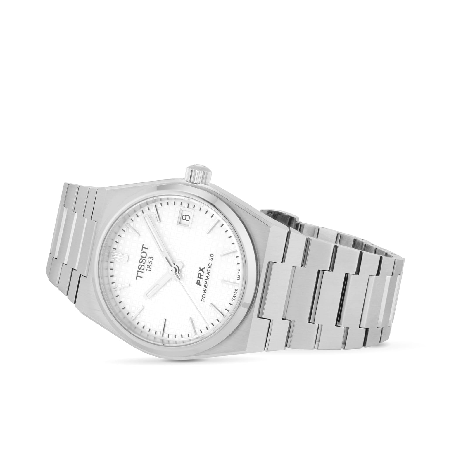 The Tissot PRX Powermatic 80 is a silver 35mm wristwatch with a white dial, metal bracelet, date display at 3 o’clock, and minimalist design, shown on a white background.