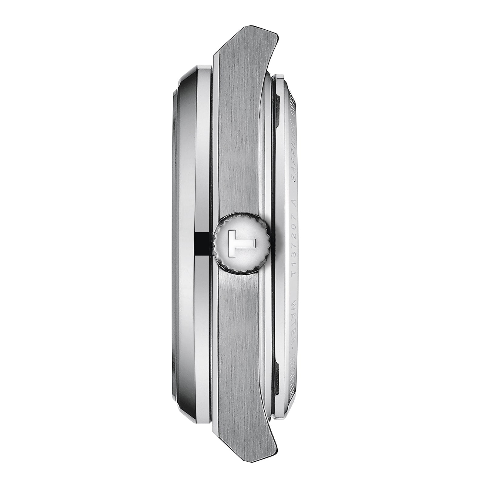Side view of a Tissot PRX Powermatic 80 wristwatch case in silver with a brushed metal finish, angular edges, and a crown featuring the stylized Tissot T logo, isolated on a white background.
