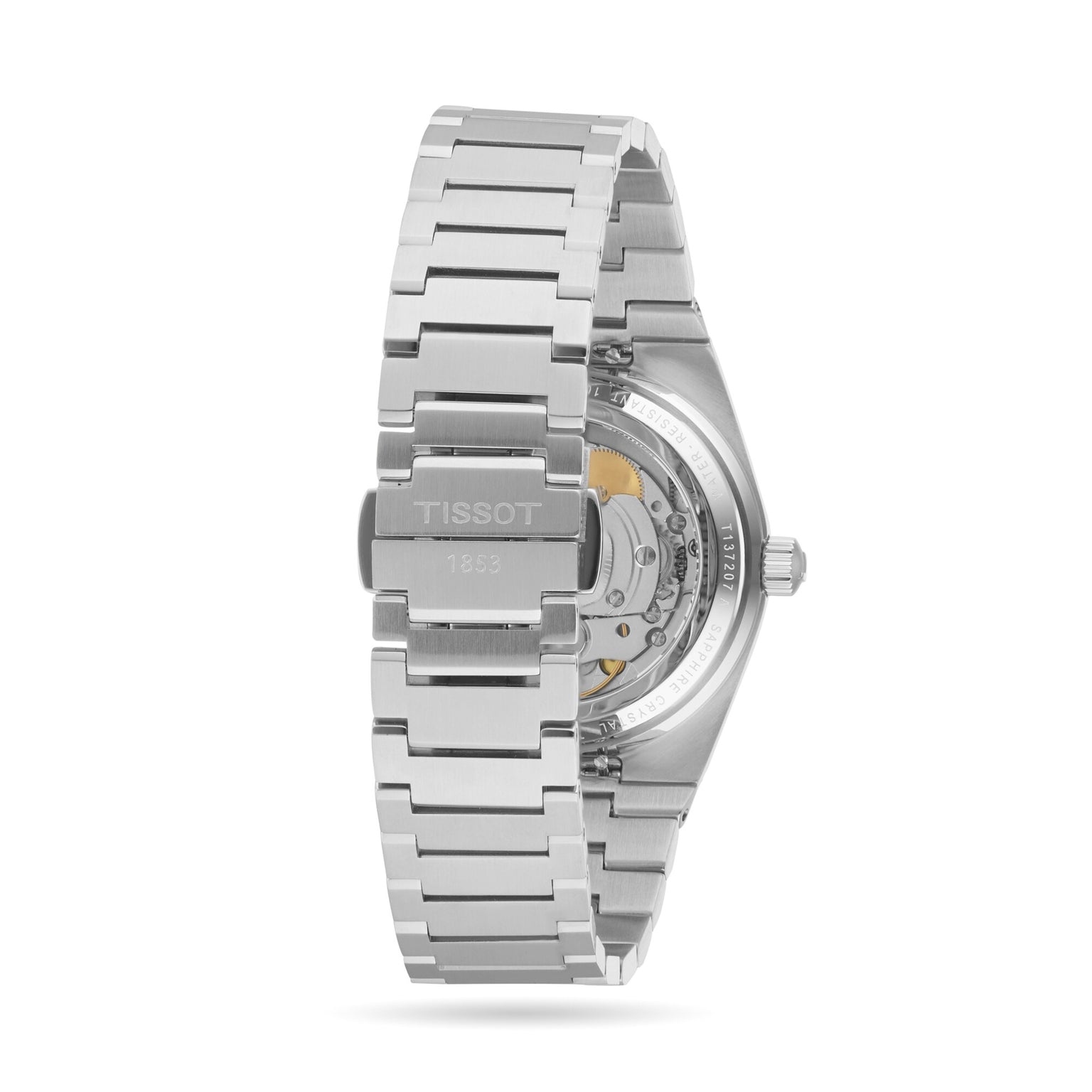 The Tissot PRX Powermatic 80 features a silver metal bracelet and a transparent case back that reveals its automatic movement.