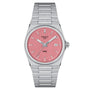 The Tissot PRX is a retro watch with a pink dial, silver hour markers, date window at 3 o’clock, and a stainless steel bracelet for timeless style.