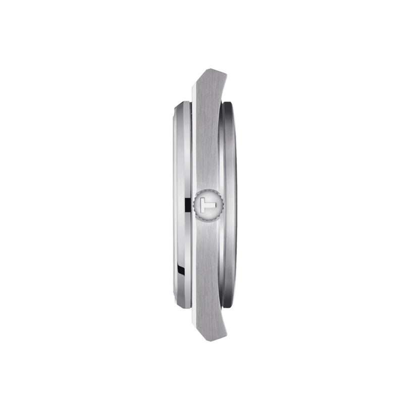 Side view of the Tissot PRX Powermatic 80 wristwatch featuring a round case, flat bezel, logo crown, and stainless steel bracelet, displayed against a plain white background.