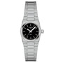 The Tissot PRX features a 25mm stainless steel case, black dial with silver hour markers, quartz movement, and a matching metal bracelet, displayed against a white background.