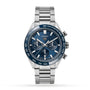 The TAG Heuer Carrera Chronograph features a stainless steel case, blue dial with three sub-dials, date window, tachymeter bezel, and automatic movement.