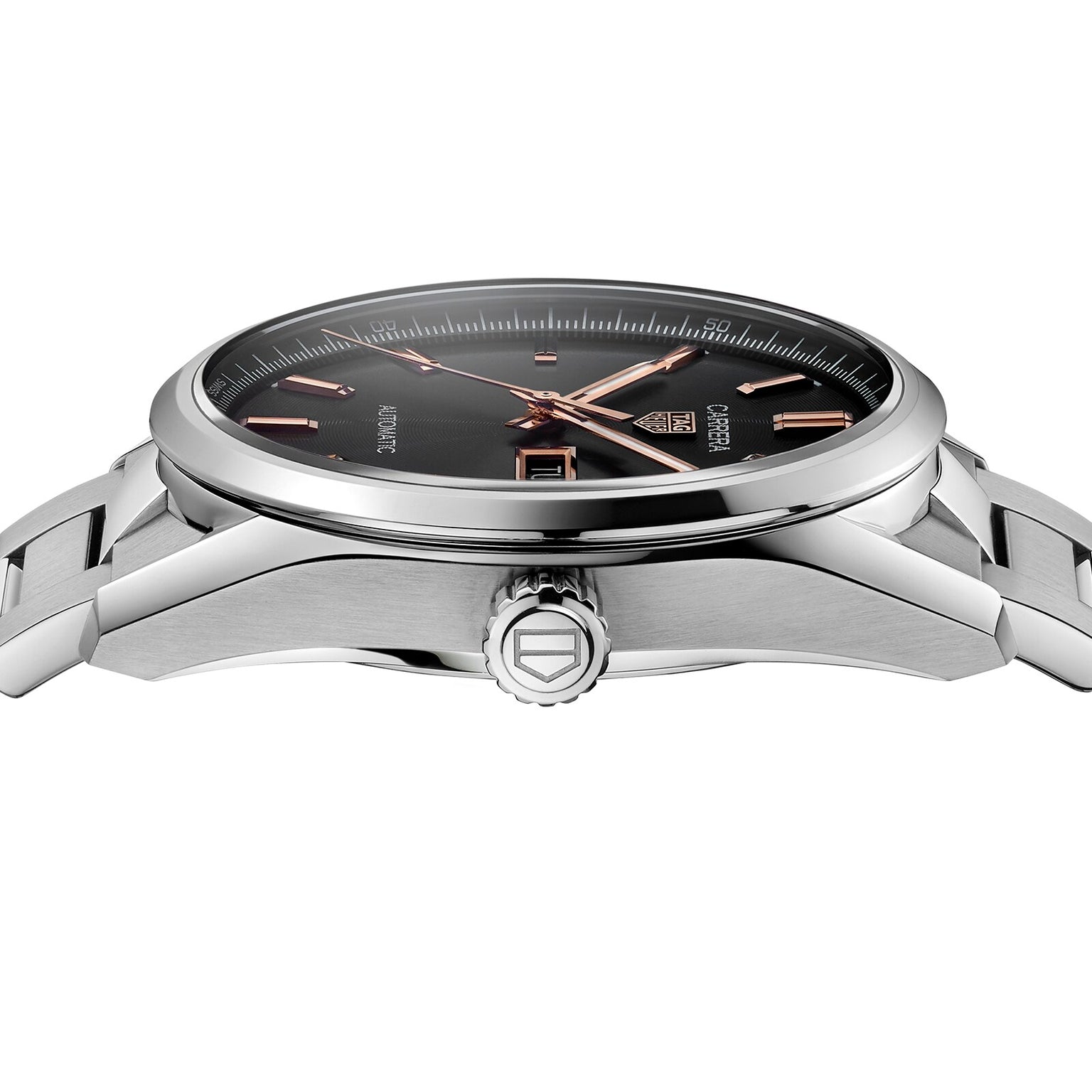A close-up side view of the TAG Heuer Carrera Day-Date wristwatch, showcasing a stainless steel case, black dial with rose gold markers, and a metal bracelet powered by the calibre 5 automatic movement for unmatched endurance.