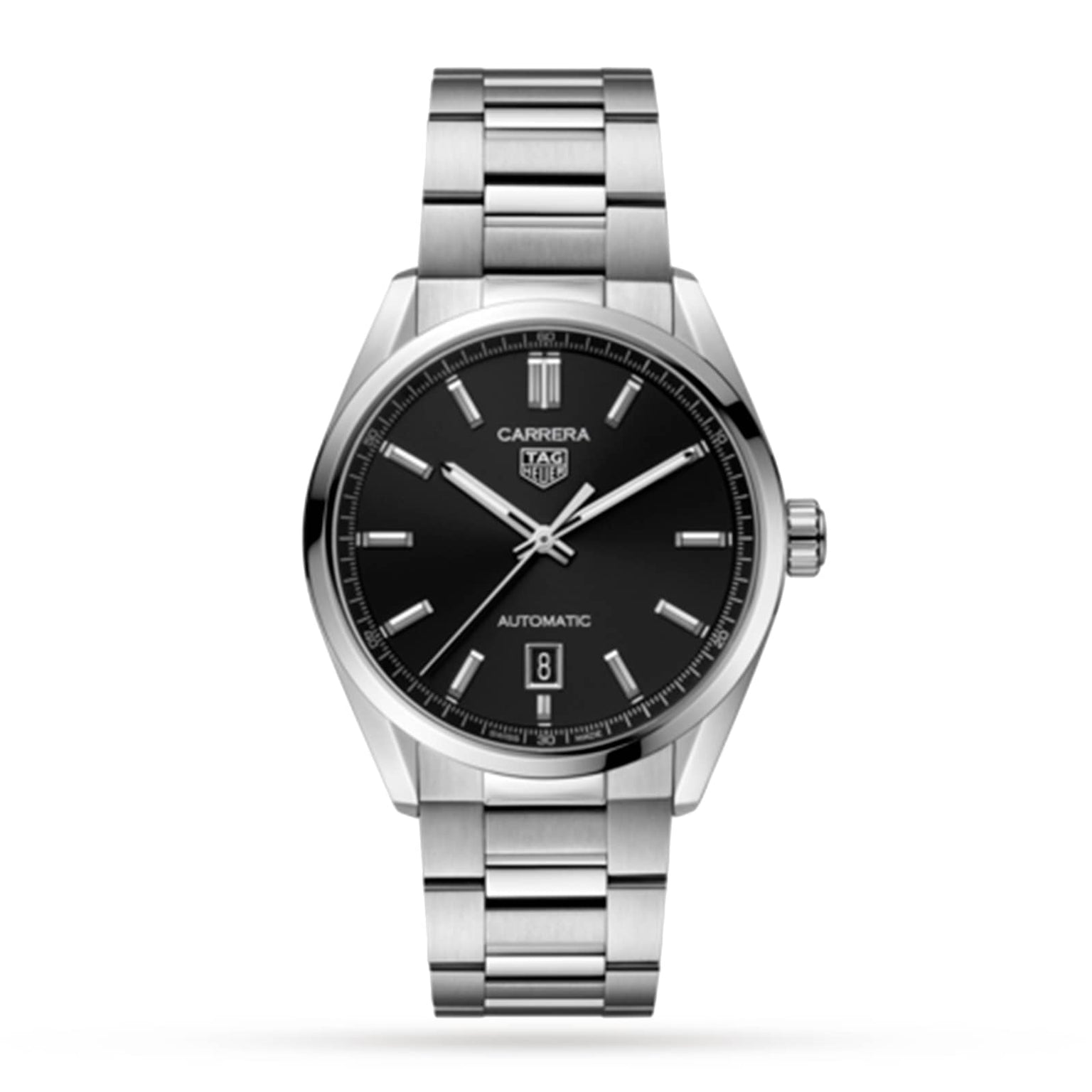 A TAG Heuer Carrera Date stainless steel automatic watch features a black dial, silver hour markers, date at 6 o’clock, and metal bracelet, shown against a white background.
