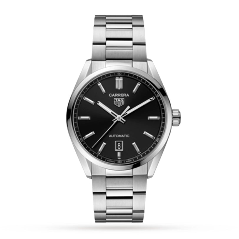 A TAG Heuer Carrera Date stainless steel automatic watch features a black dial, silver hour markers, date at 6 o’clock, and metal bracelet, shown against a white background.