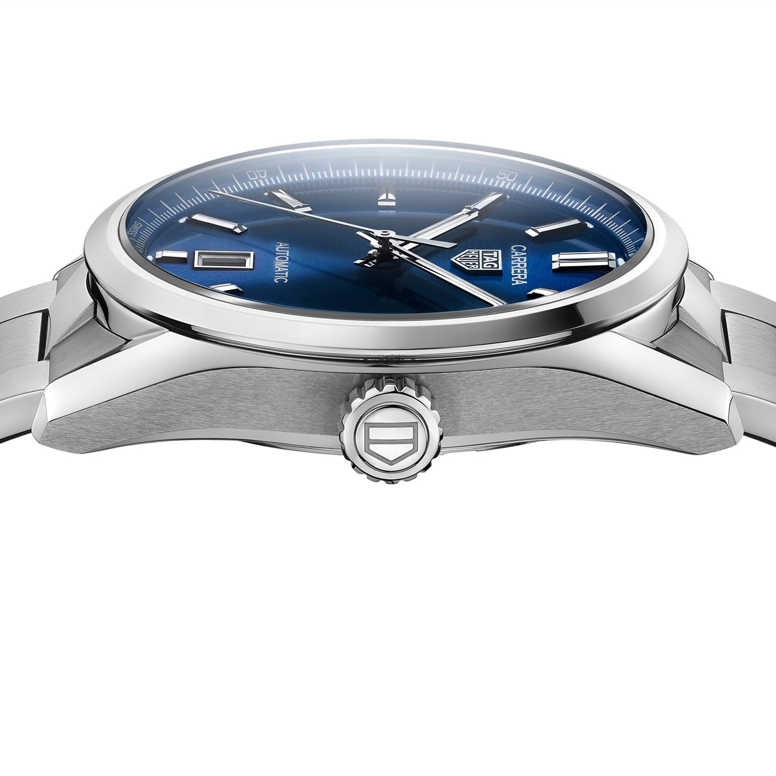 Side view of the TAG Heuer Carrera Date watch with a stainless steel bracelet, blue dial, silver hour markers, and a logo-embossed crown.